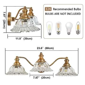 XIEDUN Vintage Bathroom Vanity Light Fixture, 3 Lights Bathroom Lighting Matte Antique Brass Finish with Crystal Glass Shade, Vintage Vanity Light for Bathroom