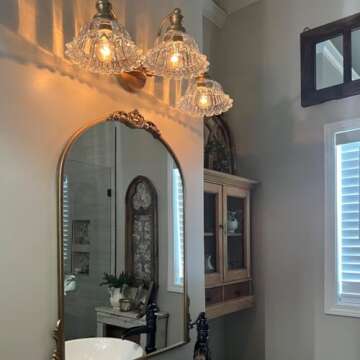 XIEDUN Vintage Bathroom Vanity Light Fixture, 3 Lights Bathroom Lighting Matte Antique Brass Finish with Crystal Glass Shade, Vintage Vanity Light for Bathroom