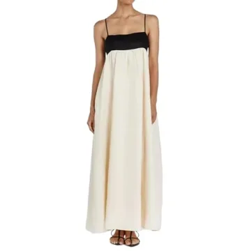 Womens Linen Maxi Dress Spaghetti Strap Long Dress Summer Beach Vacation Dress Contrast Loose Dress(...