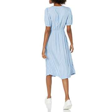 Amazon Essentials Women's Relaxed Fit Half-Sleeve Waisted Midi A-Line Dress, Blue White French Stripe, X-Large