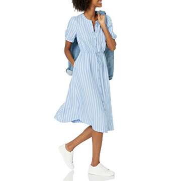 Amazon Essentials Women's Relaxed Fit Half-Sleeve Waisted Midi A-Line Dress, Blue White French Stripe, X-Large