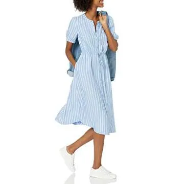 Amazon Essentials Women's Relaxed Fit Half-Sleeve Waisted Midi A-Line Dress, Blue White French Stripe, X-Large