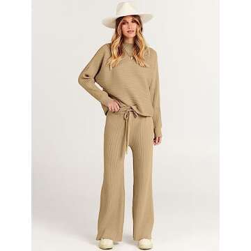 ANRABESS Women's Two Piece Outfits Crop Top Wide Leg Pants Cozy Knit Sweater Lounge Sets 2024 Fall T...