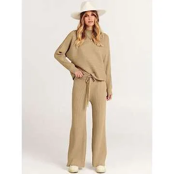 ANRABESS Women's Two Piece Outfits Crop Top Wide Leg Pants Cozy Knit Sweater Lounge Sets 2024 Fall T...