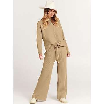 ANRABESS Women's Two Piece Outfits Crop Top Wide Leg Pants Cozy Knit Sweater Lounge Sets 2024 Fall Trendy Travel Clothes Khaki Small