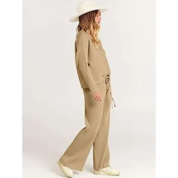 ANRABESS Women's Two Piece Outfits Crop Top Wide Leg Pants Cozy Knit Sweater Lounge Sets 2024 Fall Trendy Travel Clothes Khaki Small
