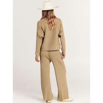 ANRABESS Women's Two Piece Outfits Crop Top Wide Leg Pants Cozy Knit Sweater Lounge Sets 2024 Fall Trendy Travel Clothes Khaki Small