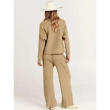 ANRABESS Women's Two Piece Outfits Crop Top Wide Leg Pants Cozy Knit Sweater Lounge Sets 2024 Fall Trendy Travel Clothes Khaki Small
