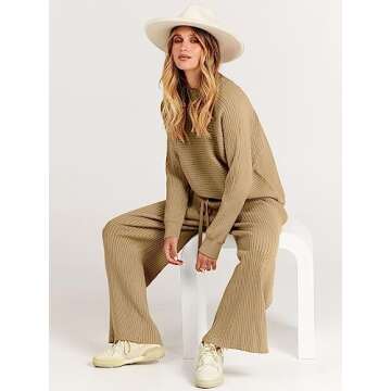 ANRABESS Women's Two Piece Outfits Crop Top Wide Leg Pants Cozy Knit Sweater Lounge Sets 2024 Fall Trendy Travel Clothes Khaki Small