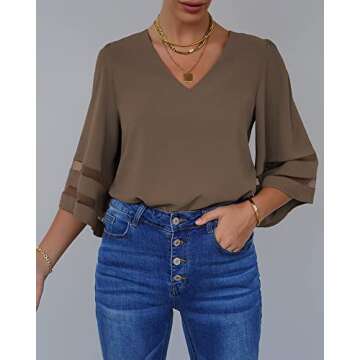 LookbookStore Women Vneck Mesh Panel Brown Work T Shirts - Casual 3/4 Flared Bell Sleeve Blouse