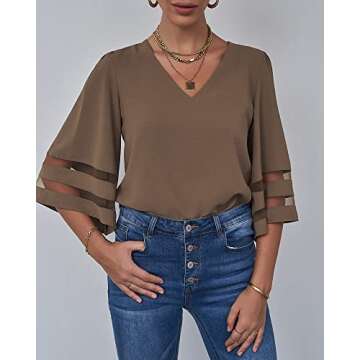 LookbookStore Women Vneck Mesh Panel Blouse for Office