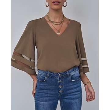 LookbookStore Women Vneck Mesh Panel Blouse for Office