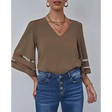 LookbookStore Women Vneck Mesh Panel Blouse for Office