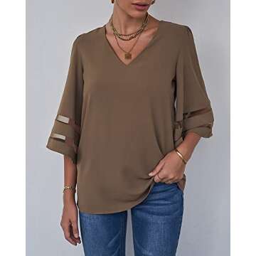 LookbookStore Women Vneck Mesh Panel Blouse for Office