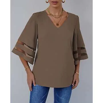 LookbookStore Women Vneck Mesh Panel Blouse for Office