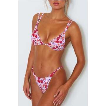 Women Sexy Brazilian Bikini 2 Piece Spaghetti Strap Top Thong Swimsuit Bathing Suit Flower L