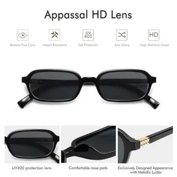 Appassal Retro Rectangular Sunglasses for Women Vintage Fashion Trendy Funny Small 90s Square Sunnies 2025 AP3698 Black/Grey