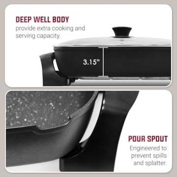 Elite Gourmet EG6203 Extra Deep 16"x13"x3.2" (10.5Qt.) Scratch Resistant, Easy Pour Spout, Dishwasher Safe, Non-stick Electric Skillet with Vented Glass Lid, Adjustable Temperature, Black