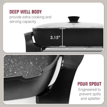 Elite Gourmet EG6203 Extra Deep 16"x13"x3.2" (10.5Qt.) Scratch Resistant, Easy Pour Spout, Dishwasher Safe, Non-stick Electric Skillet with Vented Glass Lid, Adjustable Temperature, Black