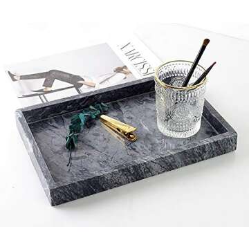 Moreast Black Marble Tray, Stone Bathroom Tray, Decorative Holder for Tissrue, Candle, Soap, Towel, Plant (Black - 12 x 8)