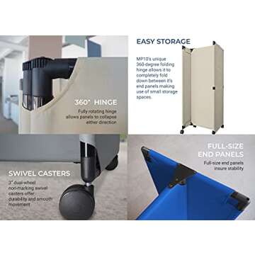Versare MP10 Portable Folding Wall Partition | Economical 5 Panel Design | Portable Room Divider On Wheels | Adjustable, Freestanding Setup | Multiple Widths
