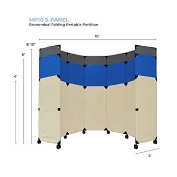 Versare MP10 Portable Folding Wall Partition | Economical 5 Panel Design | Portable Room Divider On Wheels | Adjustable, Freestanding Setup | Multiple Widths