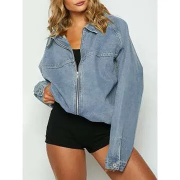 Tankaneo Womens Oversized Denim Jackets Casual Zip up Spring Long Sleeve Jean Jacket with Pocket