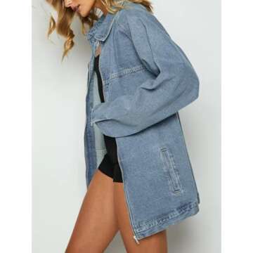 Tankaneo Womens Oversized Denim Jackets Casual Zip up Spring Long Sleeve Jean Jacket with Pocket