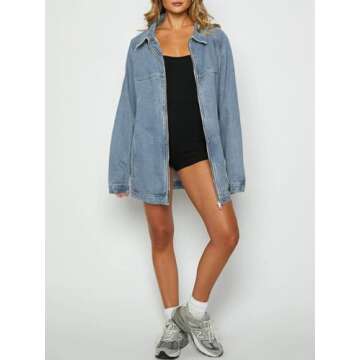 Tankaneo Womens Oversized Denim Jackets Casual Zip up Spring Long Sleeve Jean Jacket with Pocket