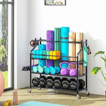 VILAWLENCE Home Gym Storage Rack Cart for Dumbbells for Large Rolling Yoga Mat Dumbbells Kettlebells and Strength Training Equipment, Dumbbell Weight Rack with Wheels and Hanging Hooks
