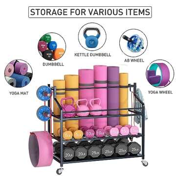 VILAWLENCE Home Gym Storage Rack Cart for Dumbbells for Large Rolling Yoga Mat Dumbbells Kettlebells and Strength Training Equipment, Dumbbell Weight Rack with Wheels and Hanging Hooks