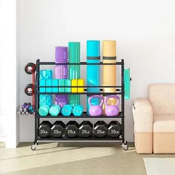 VILAWLENCE Home Gym Storage Rack Cart for Dumbbells for Large Rolling Yoga Mat Dumbbells Kettlebells and Strength Training Equipment, Dumbbell Weight Rack with Wheels and Hanging Hooks