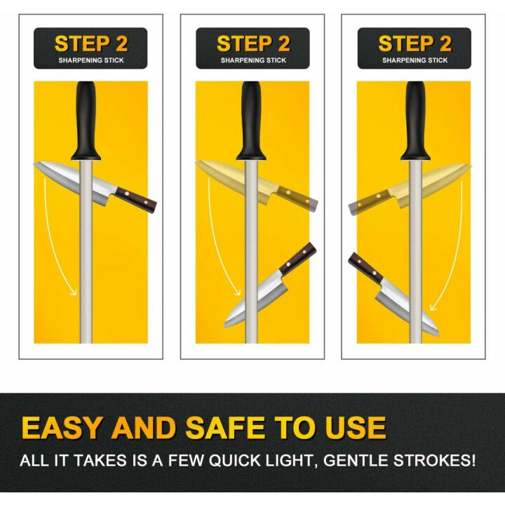 12 Inches Diamond Honing Steel Professional Knife Sharpener Rod, AHNR Kitchen Knife Sharpening Rod & Tungsten Carbide Multi-Sharpener for Honing Knife Blades, Pruning Shears, Garden Tools