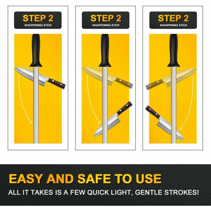 12 Inches Diamond Honing Steel Professional Knife Sharpener Rod, AHNR Kitchen Knife Sharpening Rod & Tungsten Carbide Multi-Sharpener for Honing Knife Blades, Pruning Shears, Garden Tools