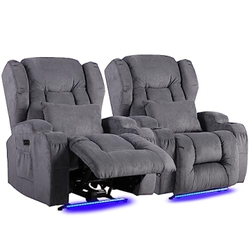 Oprisen Home Theater Seating Power Recliner Chair Set of 2 w/Heat Massage Fabric Overstuffed Movie G...