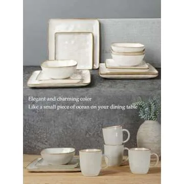 Famiware Dinnerware Sets for 4, Ocean Square 12-Piece Kitchen Plates and Bowls Sets, Reactive Glaze, Microwave and Dishwasher Safe, Scratch Resistant, Cappuccino White
