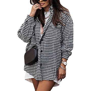 Yimoon Women's Plaid Jacket - Casual Houndstooth Flannel Shacket with Pockets
