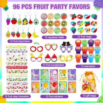 Blosssound 96 Pcs Fruit Party Favors Summer Theme Birthday Gifts Set Make a Fruit Sticker Stress Ball Slap Bracelet Glass Ring Keychain Stamper Gift Bag Piñata Fillers Classroom Prizes