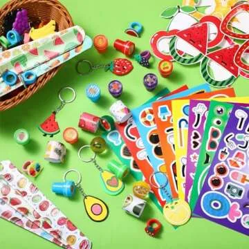 Blosssound 96 Pcs Fruit Party Favors Summer Theme Birthday Gifts Set Make a Fruit Sticker Stress Ball Slap Bracelet Glass Ring Keychain Stamper Gift Bag Piñata Fillers Classroom Prizes