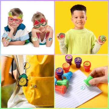 Blosssound 96 Pcs Fruit Party Favors Summer Theme Birthday Gifts Set Make a Fruit Sticker Stress Ball Slap Bracelet Glass Ring Keychain Stamper Gift Bag Piñata Fillers Classroom Prizes