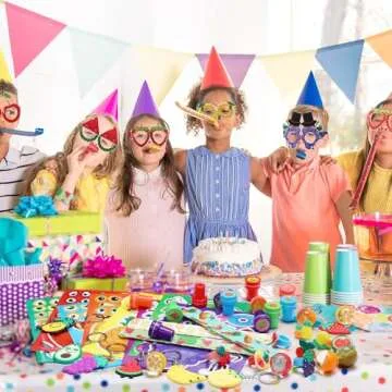 Blosssound 96 Pcs Fruit Party Favors Summer Theme Birthday Gifts Set Make a Fruit Sticker Stress Ball Slap Bracelet Glass Ring Keychain Stamper Gift Bag Piñata Fillers Classroom Prizes