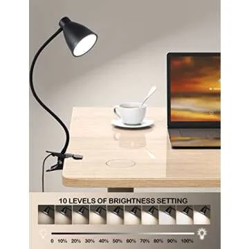 BOHON Desk Lamp 3 Color Modes 10 Brightness Dimmer Reading Light 10W 38 LED Clamp Lamp with Auto Off Timer 360° Flexible Gooseneck Clip on Light for Bed Bedside, AC Adapter Include
