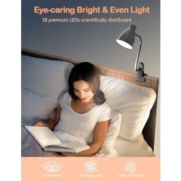 BOHON Desk Lamp 3 Color Modes 10 Brightness Dimmer Reading Light 10W 38 LED Clamp Lamp with Auto Off Timer 360° Flexible Gooseneck Clip on Light for Bed Bedside, AC Adapter Include