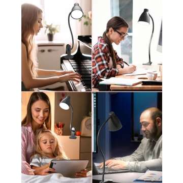 BOHON Desk Lamp 3 Color Modes 10 Brightness Dimmer Reading Light 10W 38 LED Clamp Lamp with Auto Off Timer 360° Flexible Gooseneck Clip on Light for Bed Bedside, AC Adapter Include