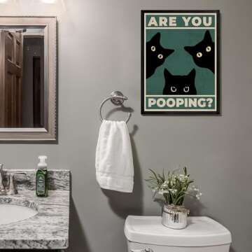 Heiple Framed Bathroom Wall Art Black Cat Are You Pooping Funny Bathroom Wall Decor Hanging Sign for...
