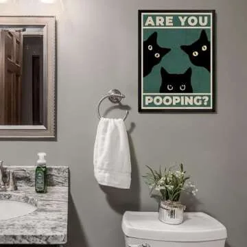 Heiple Framed Bathroom Wall Art Black Cat Are You Pooping Funny Bathroom Wall Decor Hanging Sign for...
