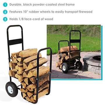 Sunnydaze Outdoor Firewood Carrier Log Dolly - Wood Cart with Wheels - Black