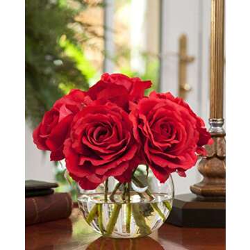 PETALS - Small Red Rose Nosegay Silk Flower Arrangement in Glass Vase with acrylic water - 8" Height...