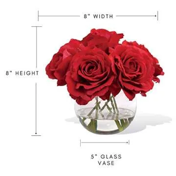 PETALS - Small Red Rose Nosegay Silk Flower Arrangement in Glass Vase with acrylic water - 8" Height x 8" Width