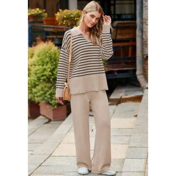 Pink Queen Women's 2 Piece Knit Sweatsuit Long Sleeve Collar V Neck Striped Sweater Set Casual Kint ...
